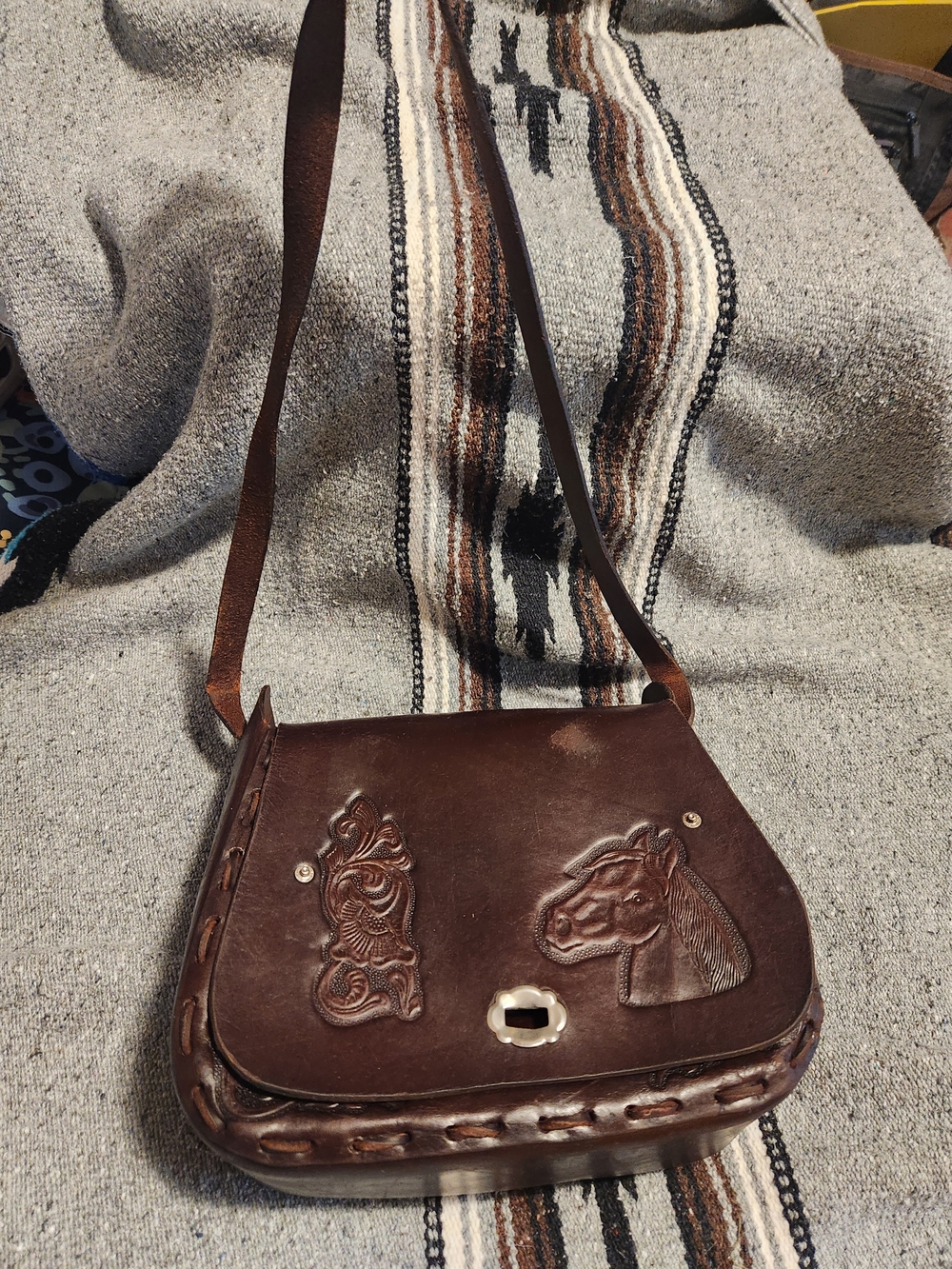 Brown Vintage Leather Tooled Horse Design Shoulder Bag